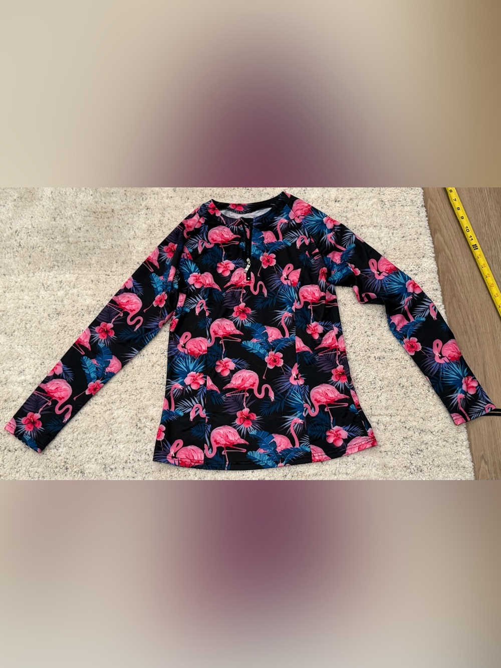 Women’s M Pink Flamingo Tropical Floral Long Sleeve Rash Guard UPF 50+ Swim Top